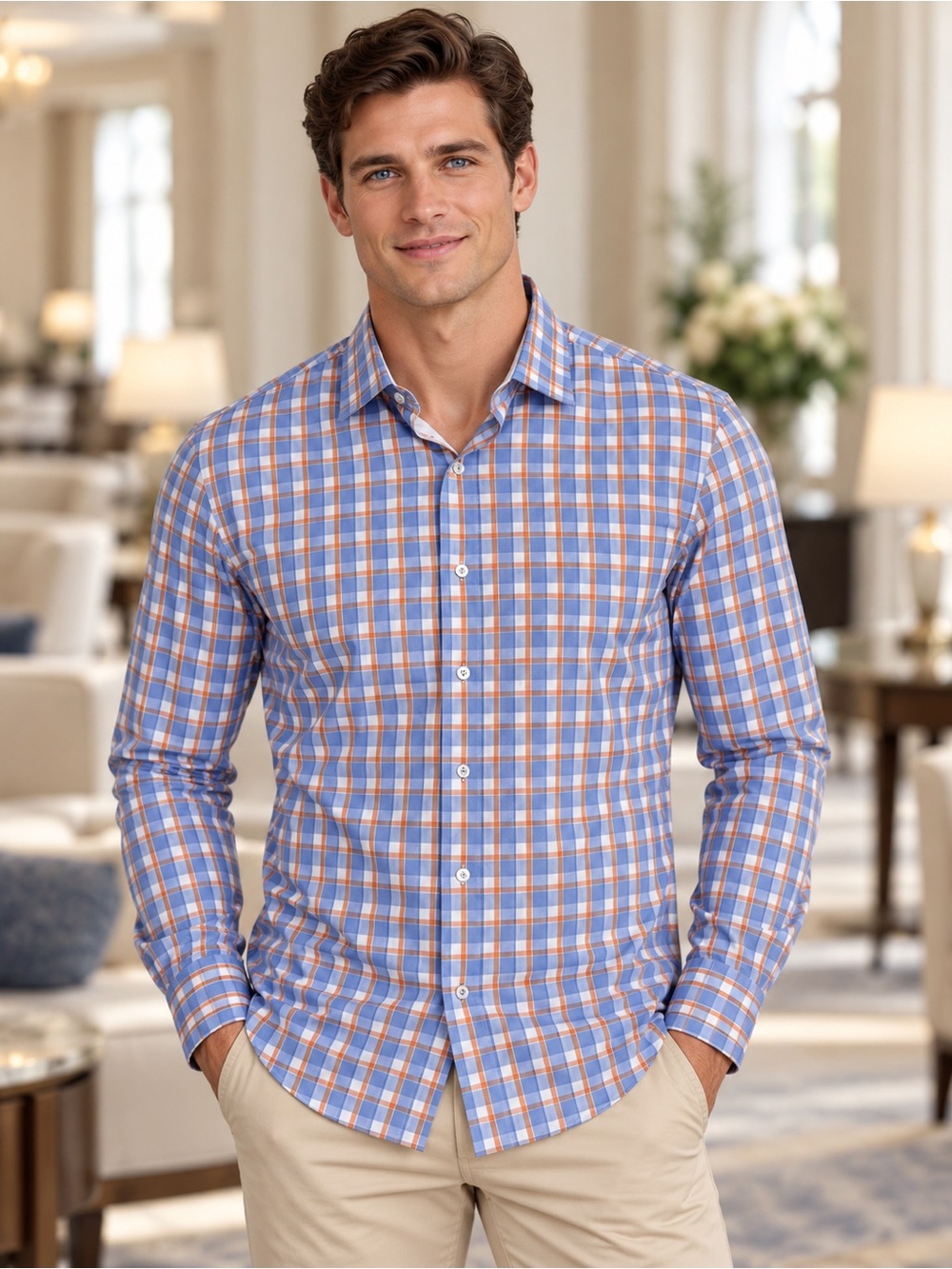 Report Collection Men’s Dress Shirt 16.5 34/35 Modern Fit Blue Orange Plaid